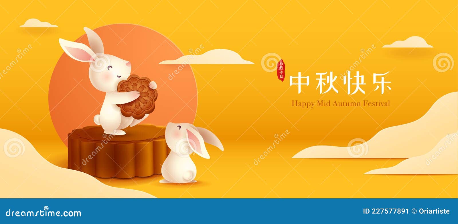 3d  of mid autumn mooncake festival theme with cute rabbit character on mooncake podium on paper graphic oriental clou